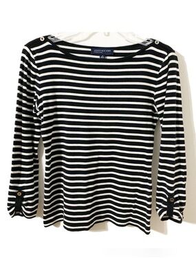 Jones New York Signature Cotton Stripe 3/4 Long Sleeve Crewneck Tee Shirt 🟦⬜️